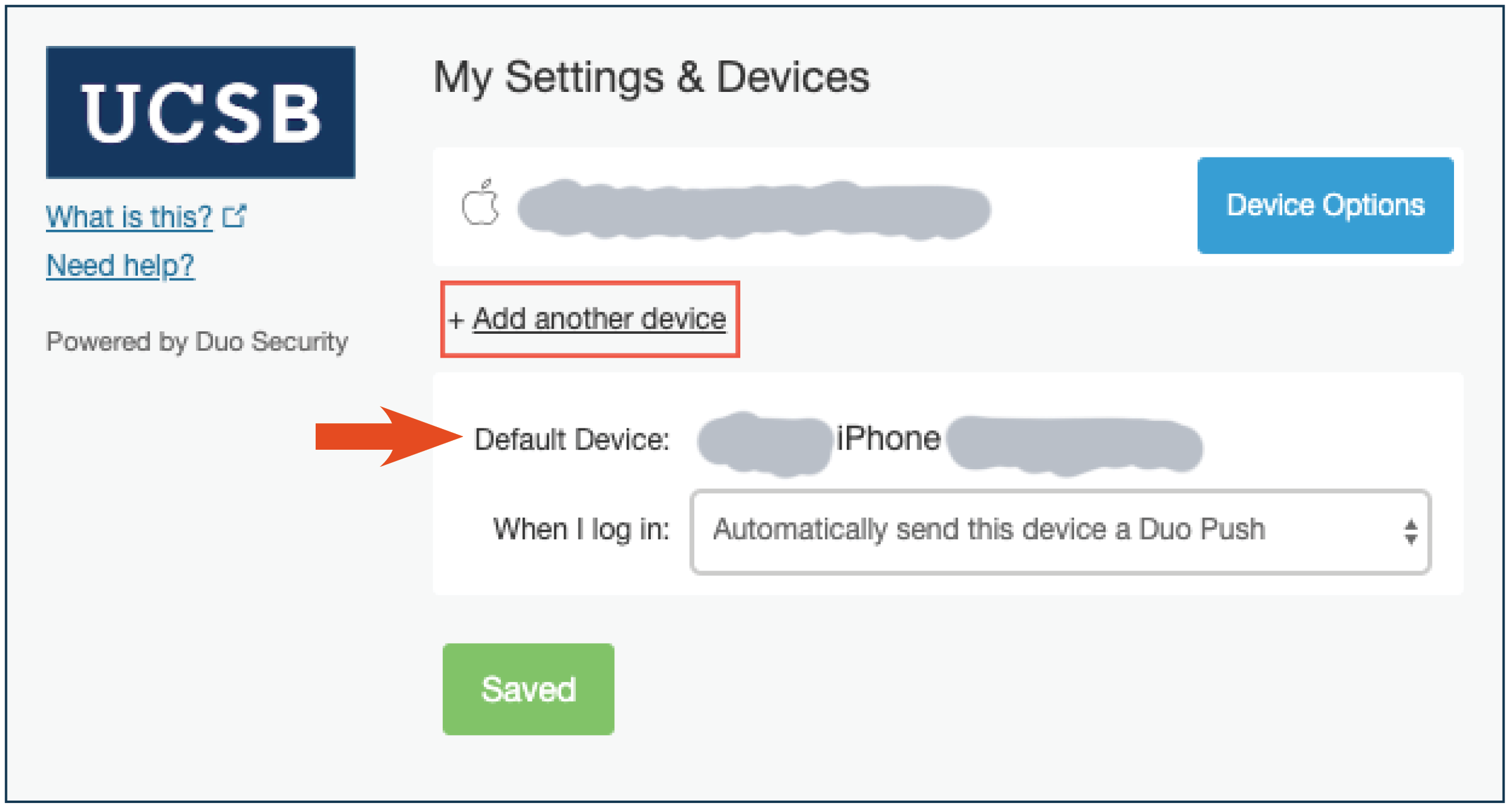 default device selected in Duo
